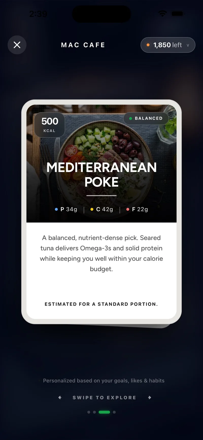 Menu scanner showing a Mediterranean Poke best-match card with macros and reasoning.