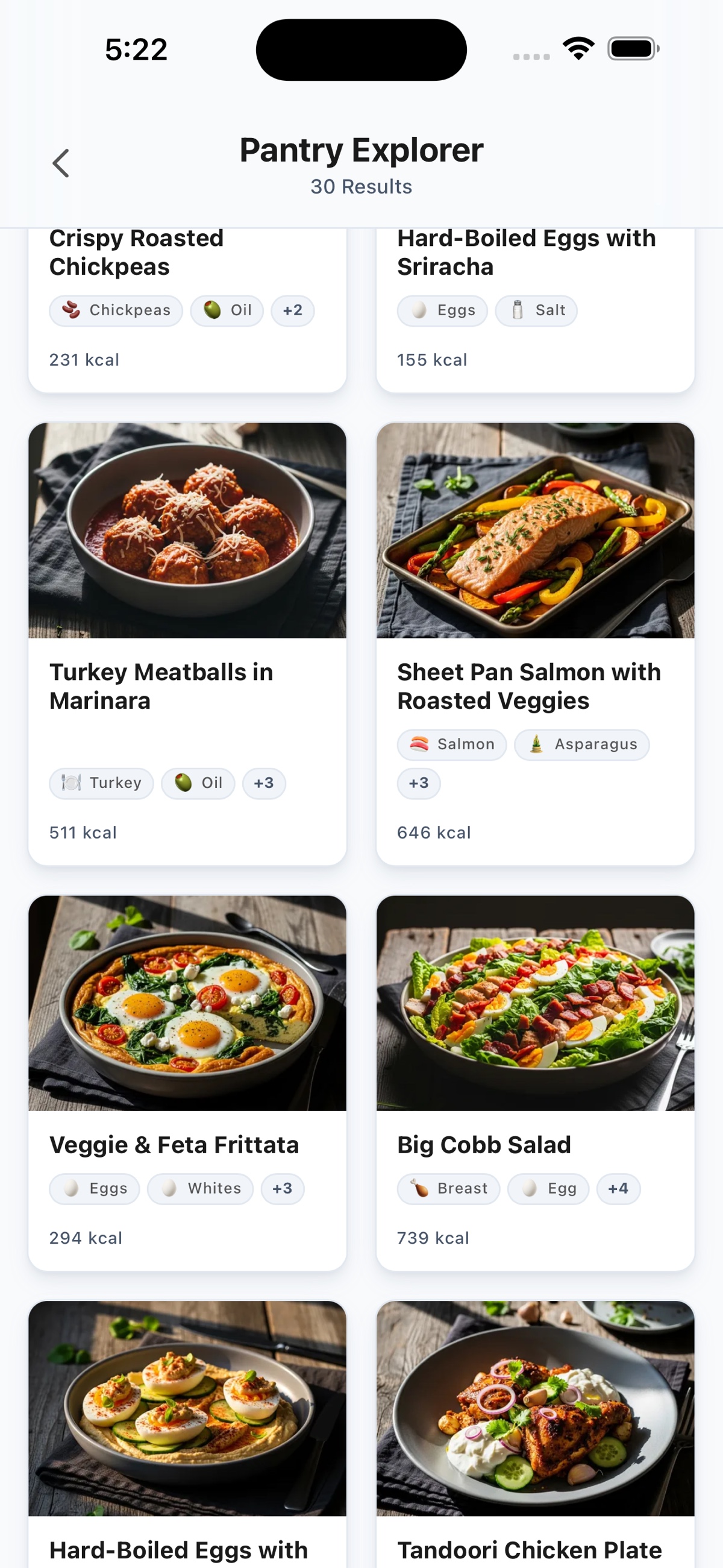 Pantry Explorer showing a grid of recipes built from the user's saved ingredients, each card listing key ingredients and calories.