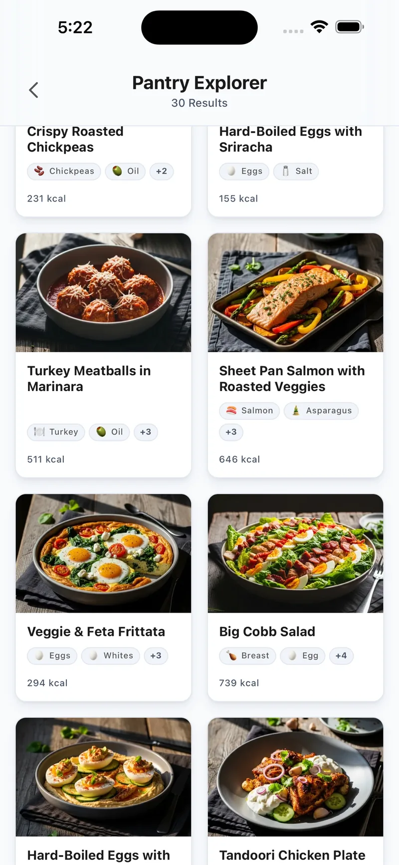 Pantry Explorer showing a grid of recipes built from the user's saved ingredients.
