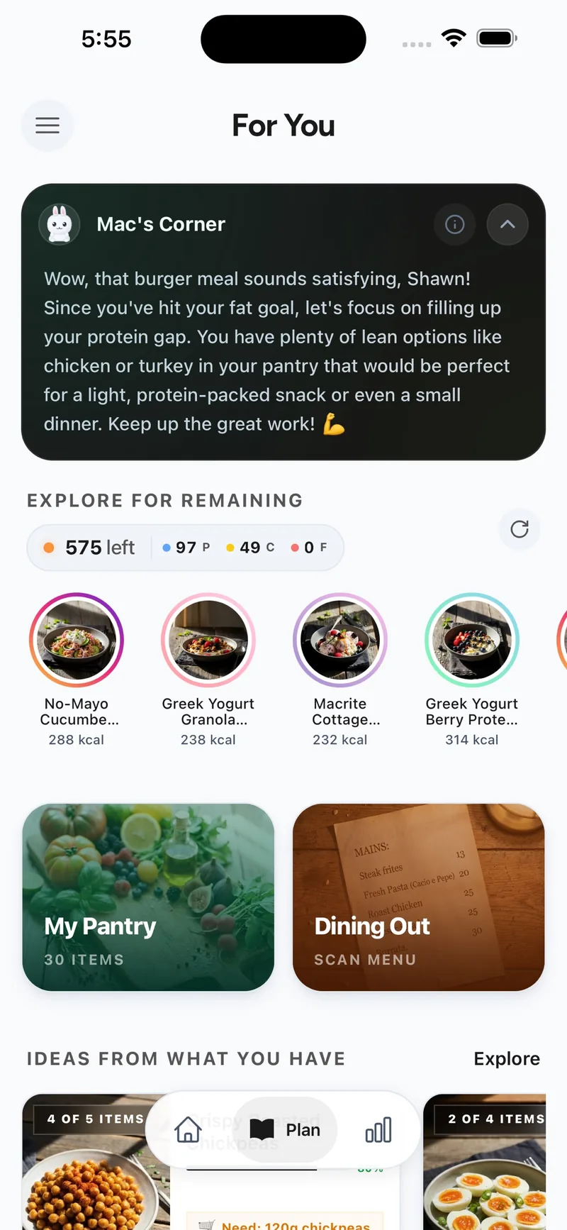 Plan screen with Mac's Corner suggesting a protein-focused next meal and Explore for Remaining recipe cards.
