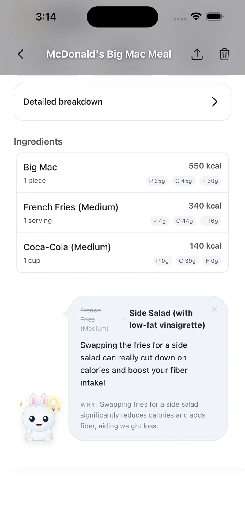 A Big Mac meal with French Fries crossed out and a Side Salad swap suggested, with the why explanation.