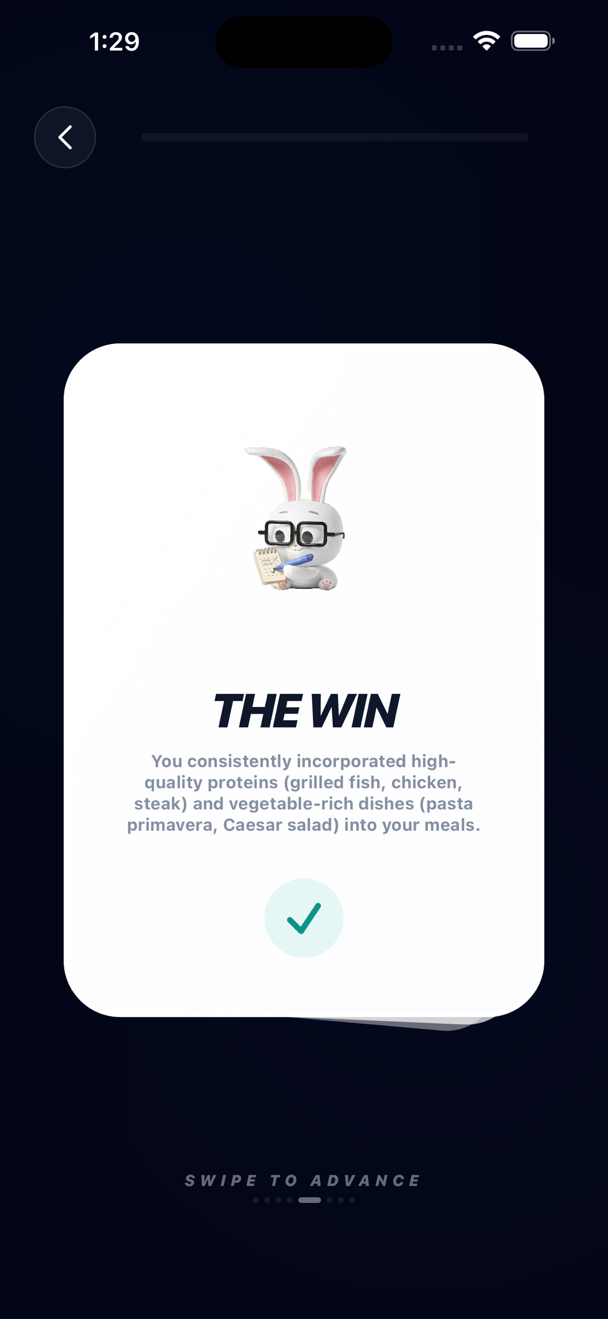 Coach Mac weekly recap card titled 'The Win' summarising the week's protein and meal variety.