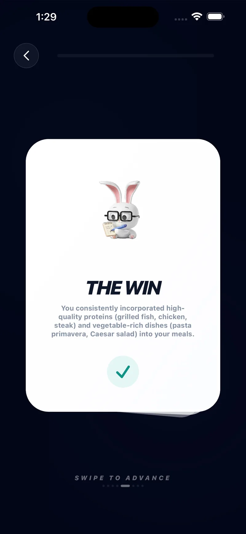 Coach Mac weekly recap card titled 'The Win' summarising the week's protein and meal variety.